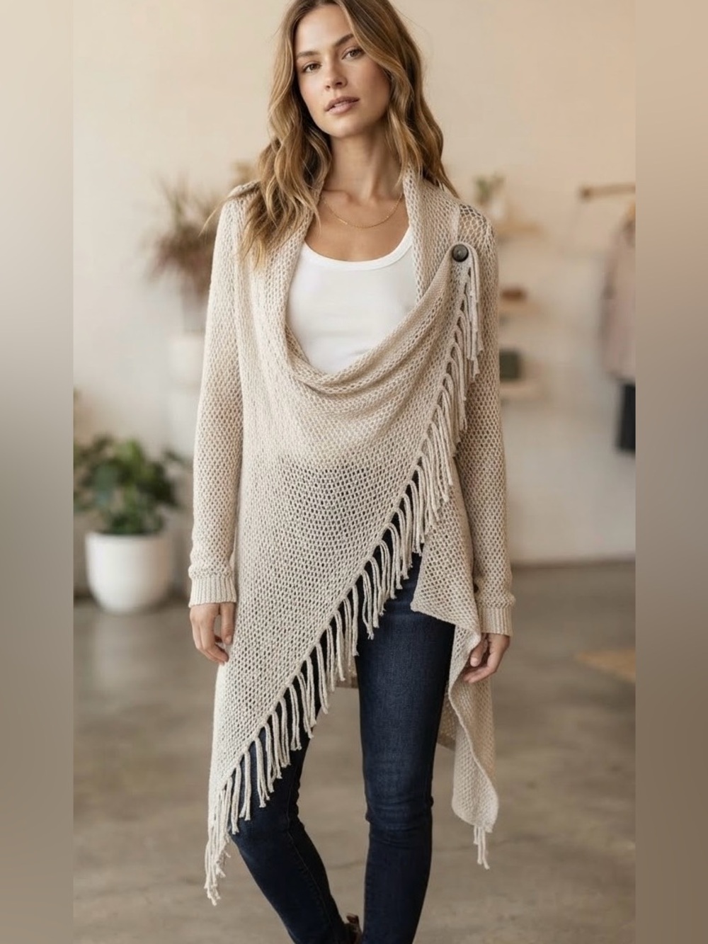 lovestitch Cream Open-Front Fringe Knit Cardigan